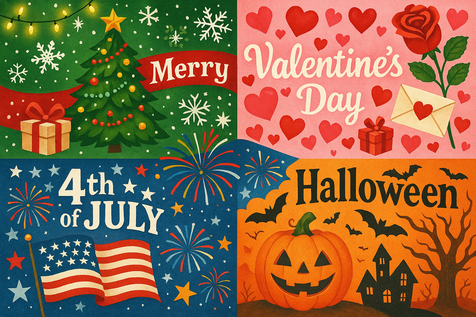 holidays include christmas,valentines day,The 4th of July and Halloween