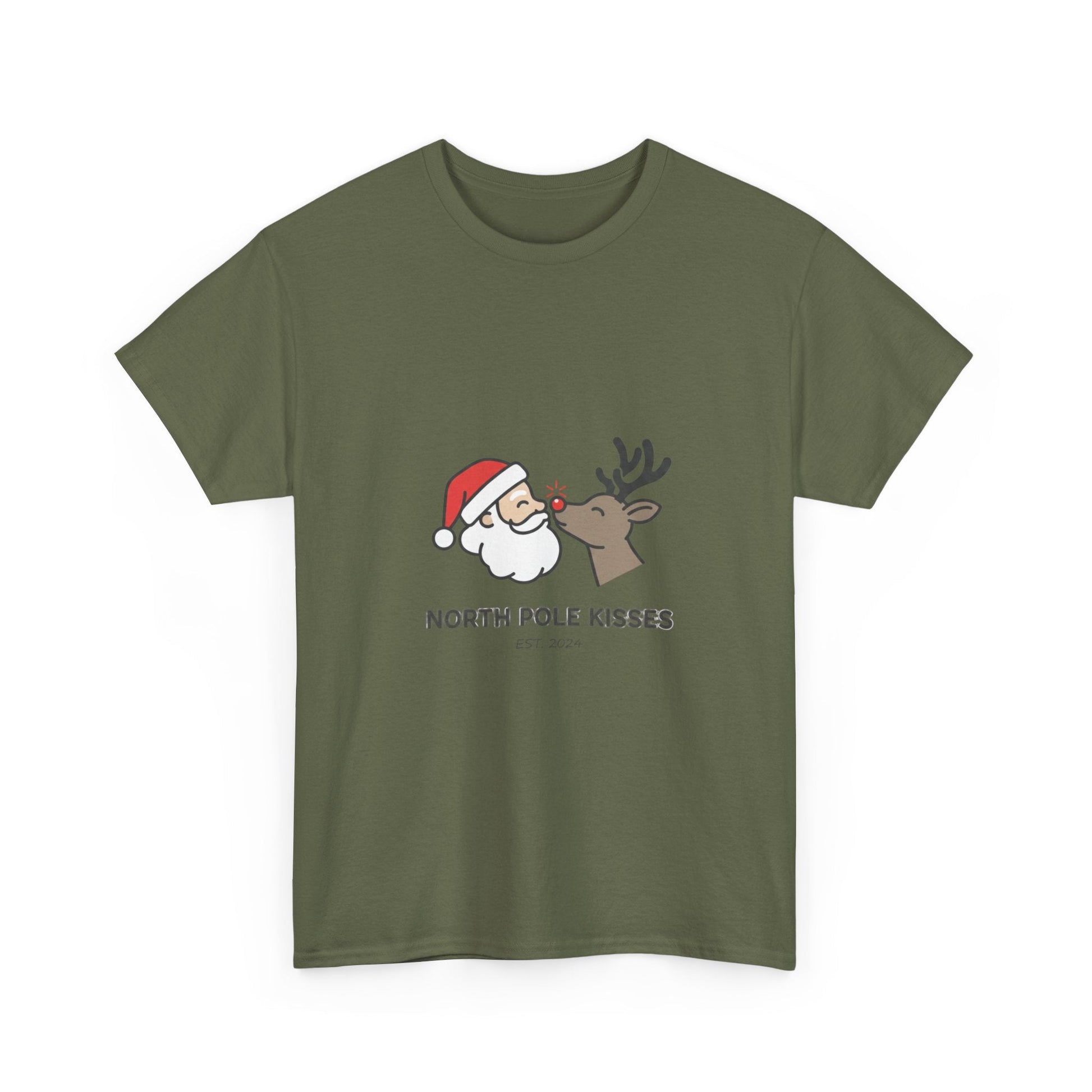 North Pole Kisses Unisex Heavy Cotton Tee, Christmas Tee, Holiday Gift, Festive Apparel, Winter T-Shirt, Santa and Reindeer Design - Dassle