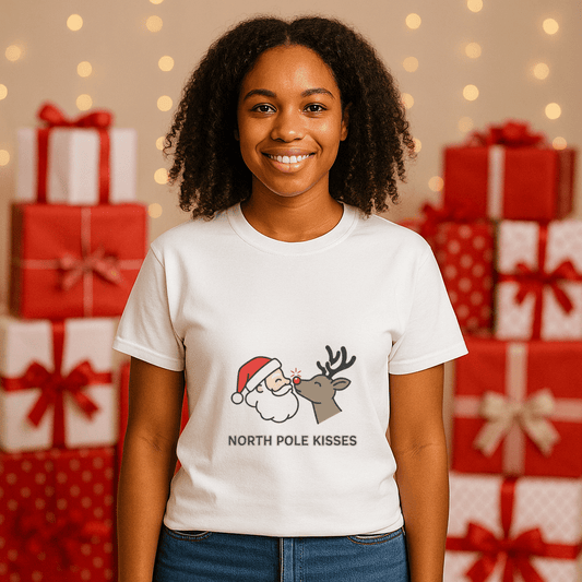 North Pole Kisses Unisex Heavy Cotton Tee, Christmas Tee, Holiday Gift, Festive Apparel, Winter T-Shirt, Santa and Reindeer Design - Dassle