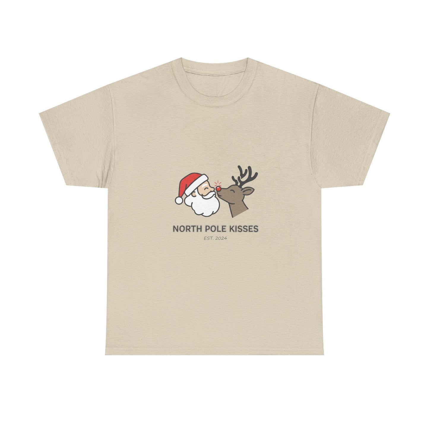 North Pole Kisses Unisex Heavy Cotton Tee, Christmas Tee, Holiday Gift, Festive Apparel, Winter T-Shirt, Santa and Reindeer Design - Dassle