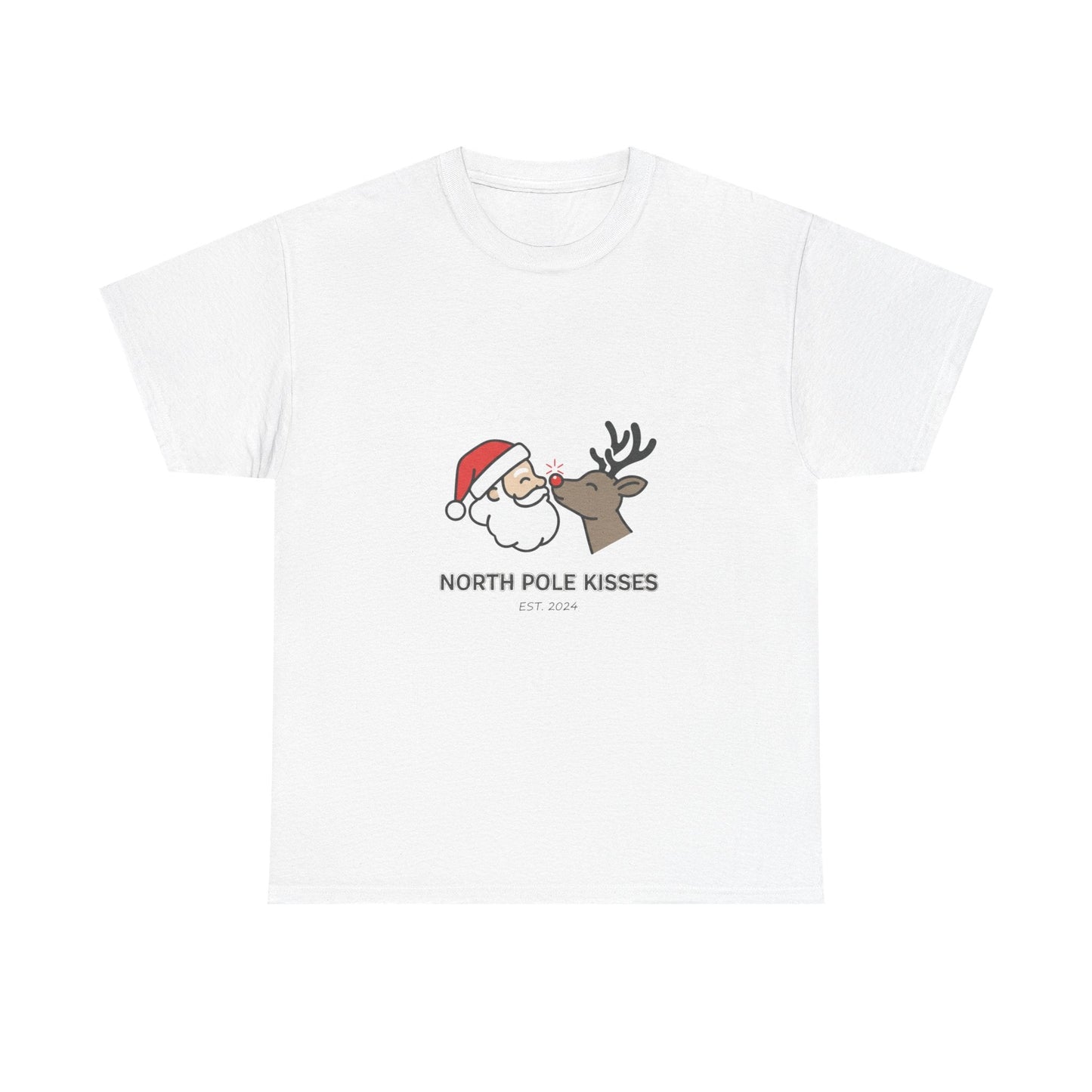 North Pole Kisses Unisex Heavy Cotton Tee, Christmas Tee, Holiday Gift, Festive Apparel, Winter T-Shirt, Santa and Reindeer Design - Dassle