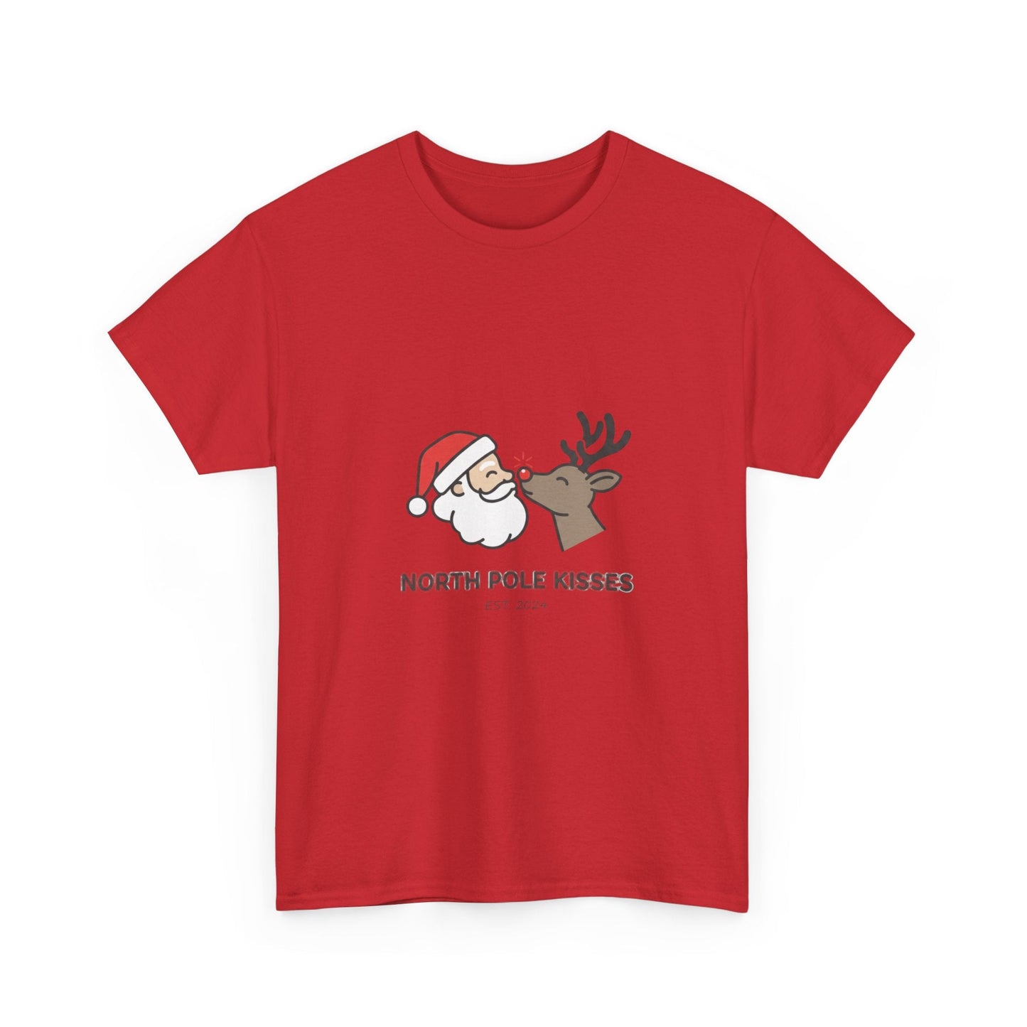 North Pole Kisses Unisex Heavy Cotton Tee, Christmas Tee, Holiday Gift, Festive Apparel, Winter T-Shirt, Santa and Reindeer Design - Dassle