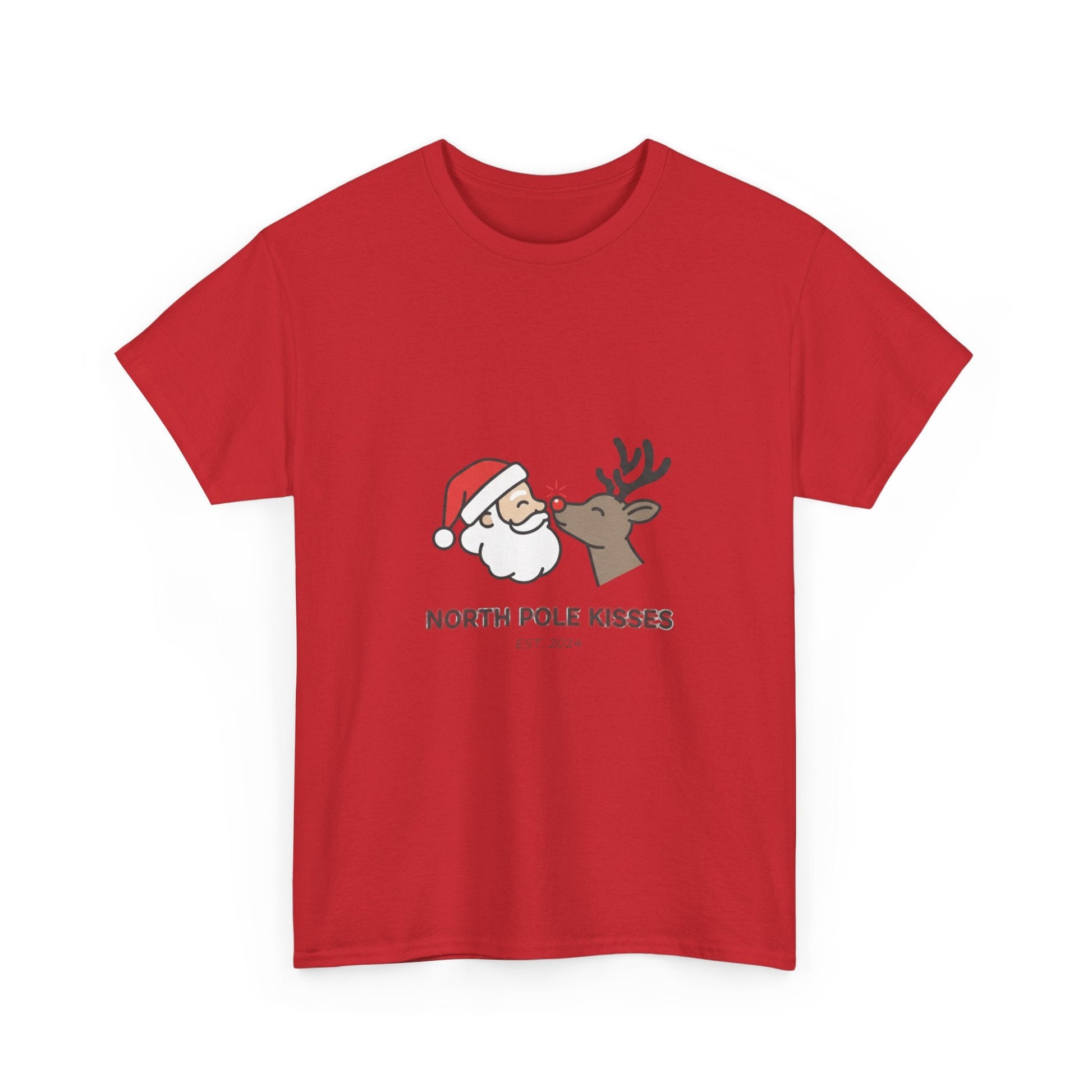 North Pole Kisses Unisex Heavy Cotton Tee, Christmas Tee, Holiday Gift, Festive Apparel, Winter T-Shirt, Santa and Reindeer Design - Dassle
