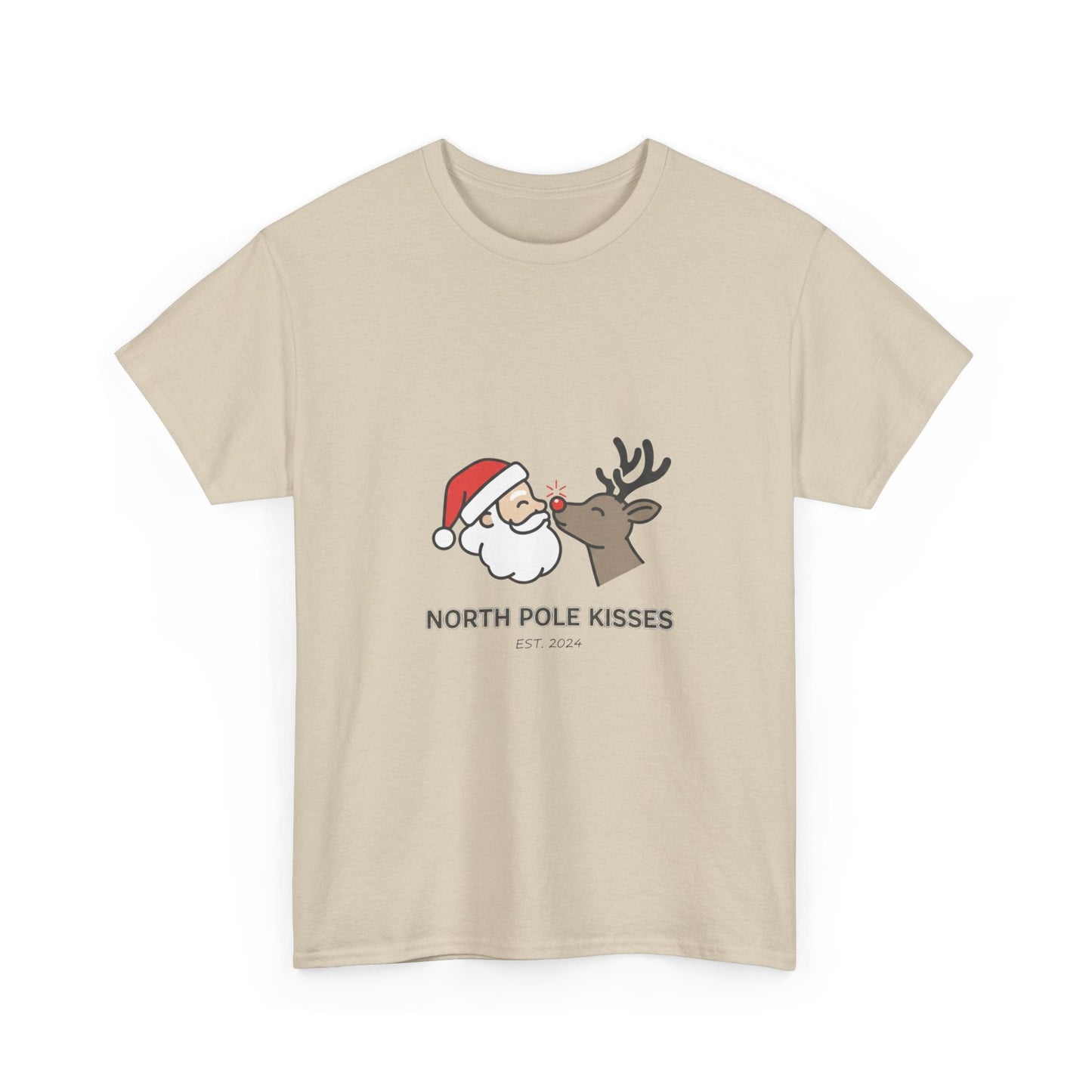 North Pole Kisses Unisex Heavy Cotton Tee, Christmas Tee, Holiday Gift, Festive Apparel, Winter T-Shirt, Santa and Reindeer Design - Dassle
