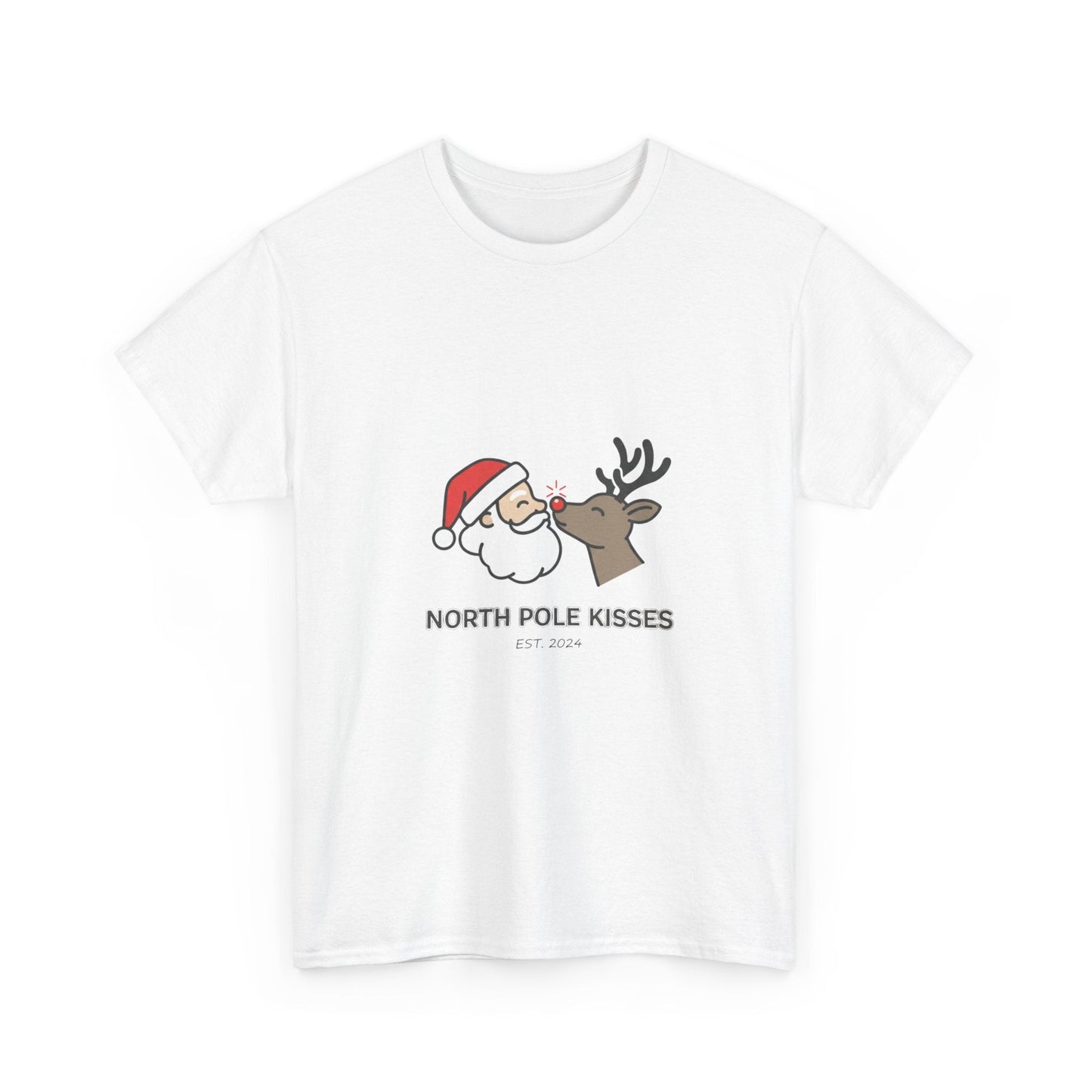 North Pole Kisses Unisex Heavy Cotton Tee, Christmas Tee, Holiday Gift, Festive Apparel, Winter T-Shirt, Santa and Reindeer Design - Dassle