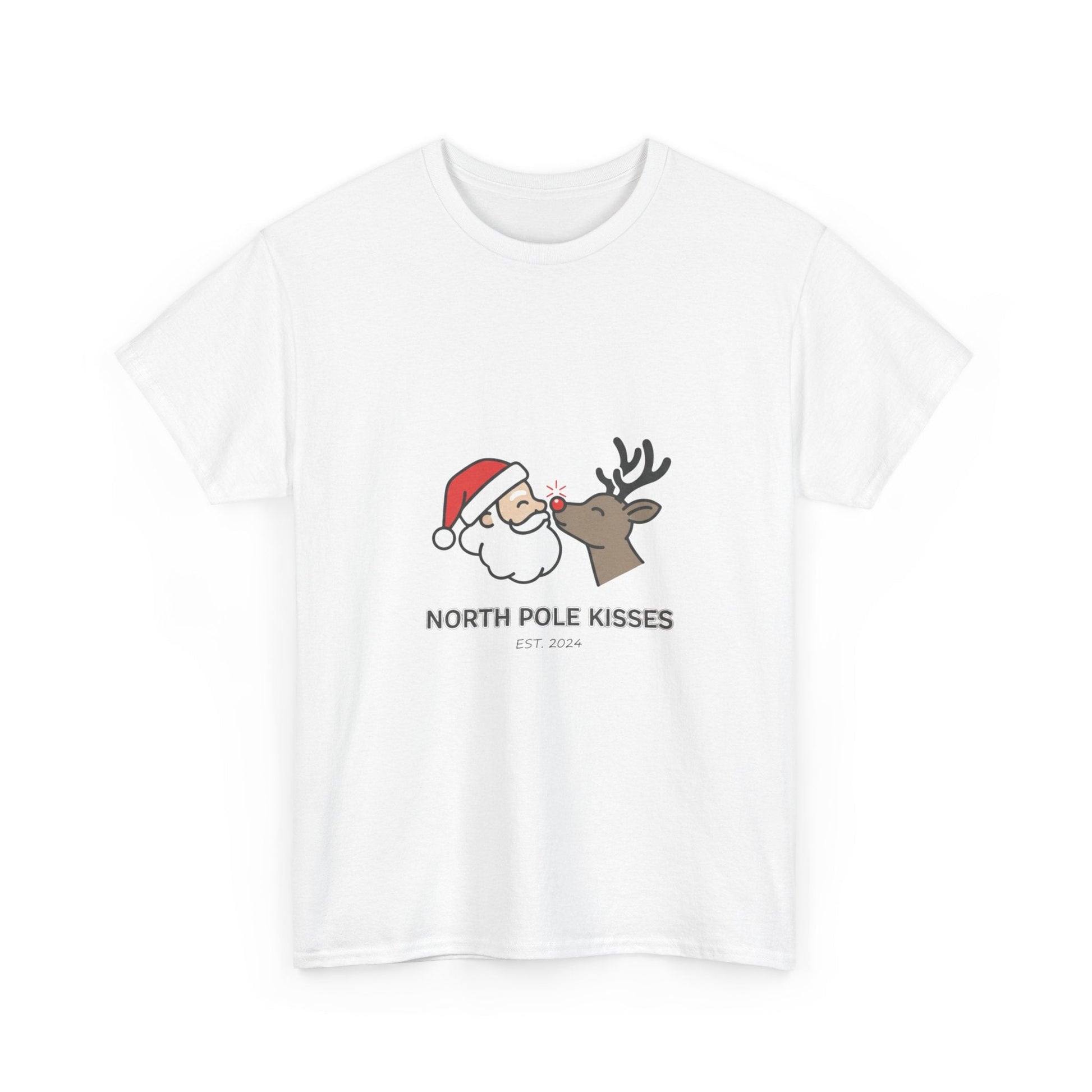 North Pole Kisses Unisex Heavy Cotton Tee, Christmas Tee, Holiday Gift, Festive Apparel, Winter T-Shirt, Santa and Reindeer Design - Dassle