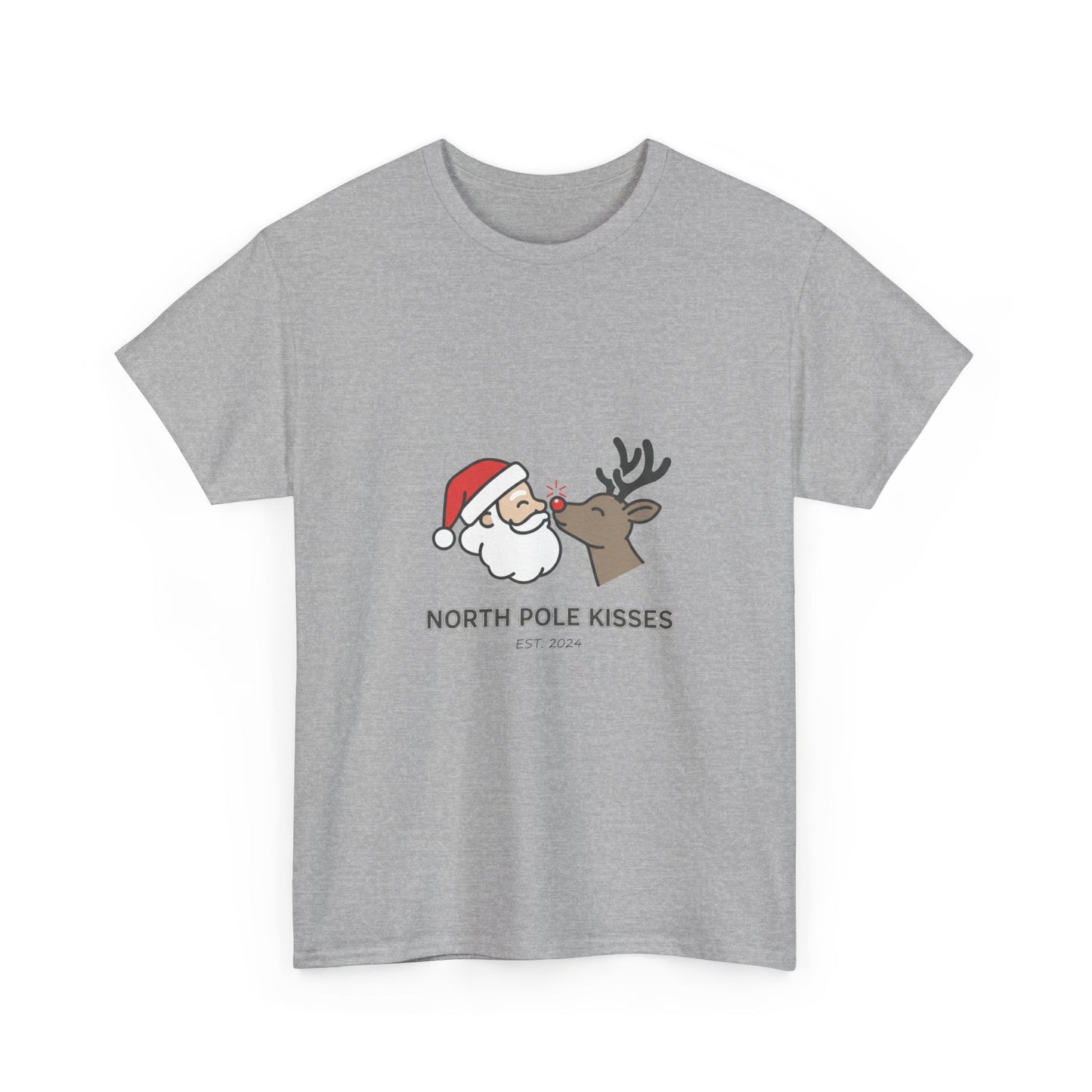 North Pole Kisses Unisex Heavy Cotton Tee, Christmas Tee, Holiday Gift, Festive Apparel, Winter T-Shirt, Santa and Reindeer Design - Dassle