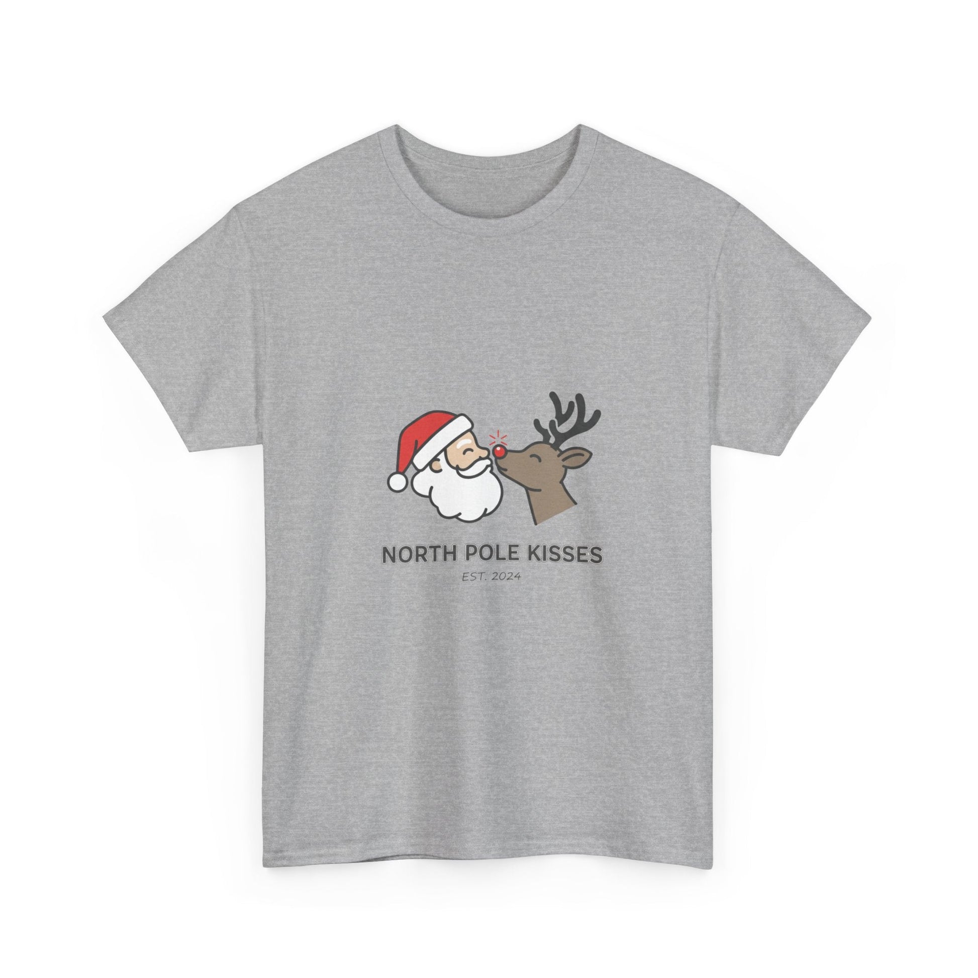 North Pole Kisses Unisex Heavy Cotton Tee, Christmas Tee, Holiday Gift, Festive Apparel, Winter T-Shirt, Santa and Reindeer Design - Dassle