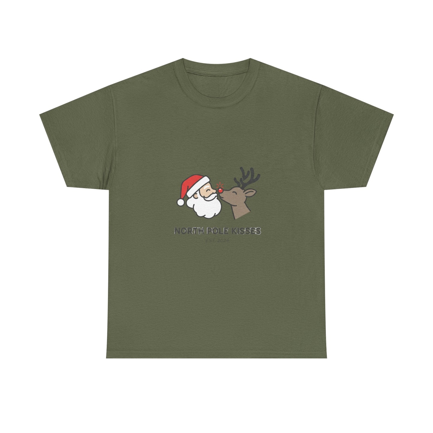 North Pole Kisses Unisex Heavy Cotton Tee, Christmas Tee, Holiday Gift, Festive Apparel, Winter T-Shirt, Santa and Reindeer Design - Dassle