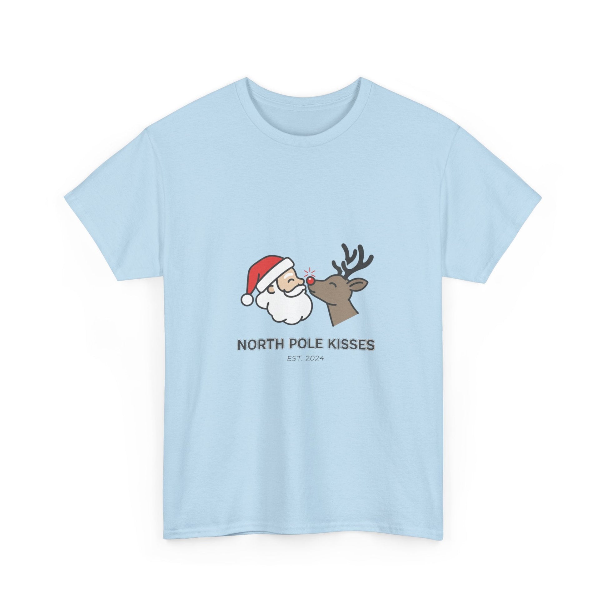 North Pole Kisses Unisex Heavy Cotton Tee, Christmas Tee, Holiday Gift, Festive Apparel, Winter T-Shirt, Santa and Reindeer Design - Dassle