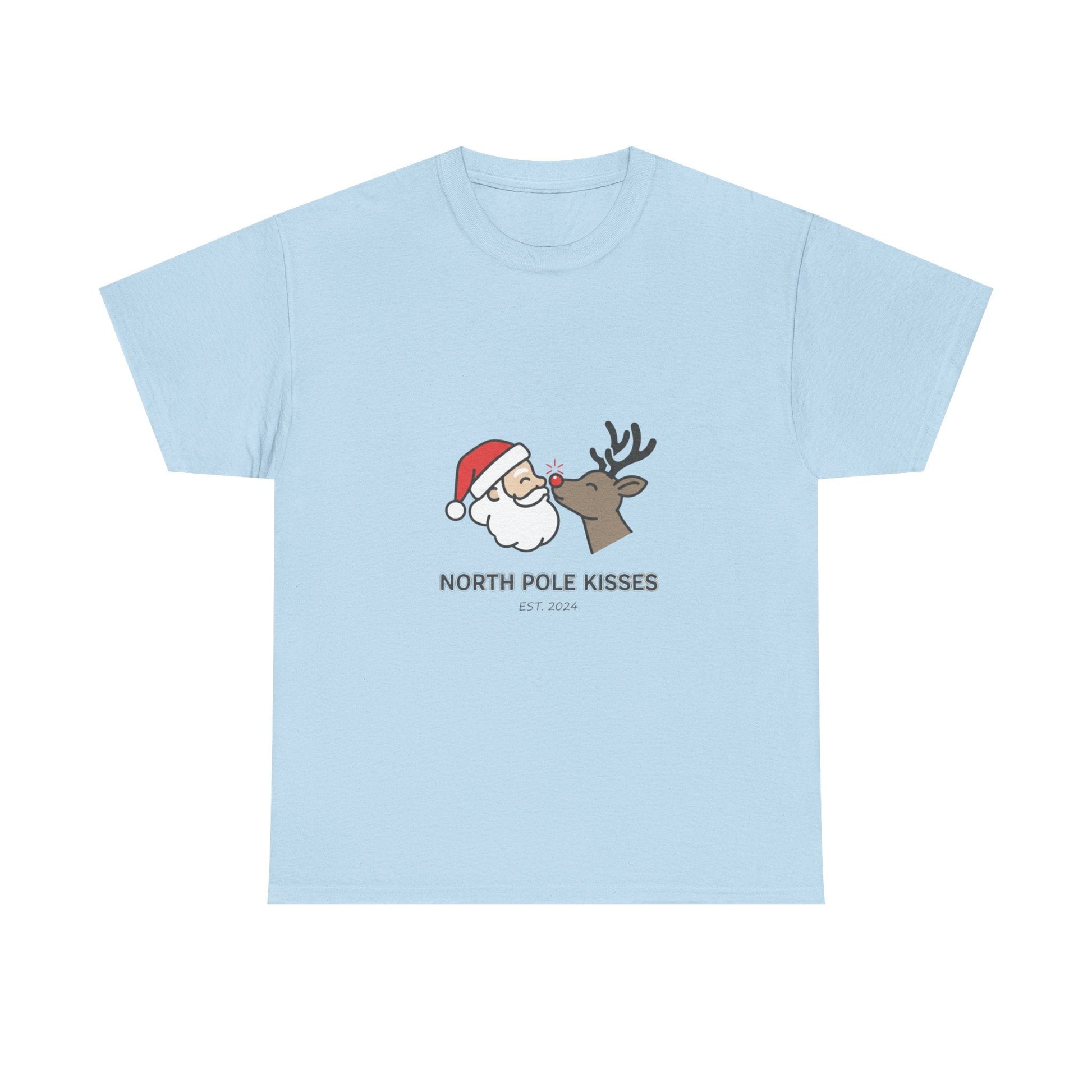 North Pole Kisses Unisex Heavy Cotton Tee, Christmas Tee, Holiday Gift, Festive Apparel, Winter T-Shirt, Santa and Reindeer Design - Dassle